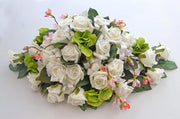 Ivory Diamante Rose, Green Hydranga & Cherry Blossom Wedding Top Table Arrangement