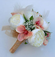 Ivory Feather, Cream Silk Peony & Pink Orchid Bridal Wedding Bouquet
