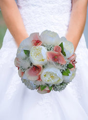 Ivory Feather, Cream Silk Peony & Pink Orchid Bridal Wedding Bouquet