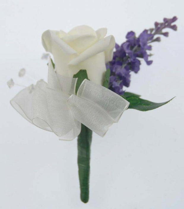 Lilac Silk Lavender, Crystal & Ivory Rose Wedding Guest Buttonhole
