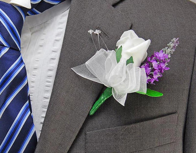 Lilac Silk Lavender, Crystal & Ivory Rose Wedding Guest Buttonhole