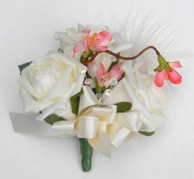 Cherry Blossom, Crystals & Ivory Rose Wedding Day Pin Corsage