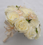 Bridesmaids Ivory Foam Rose & Crystal Wedding Posy Bouquet