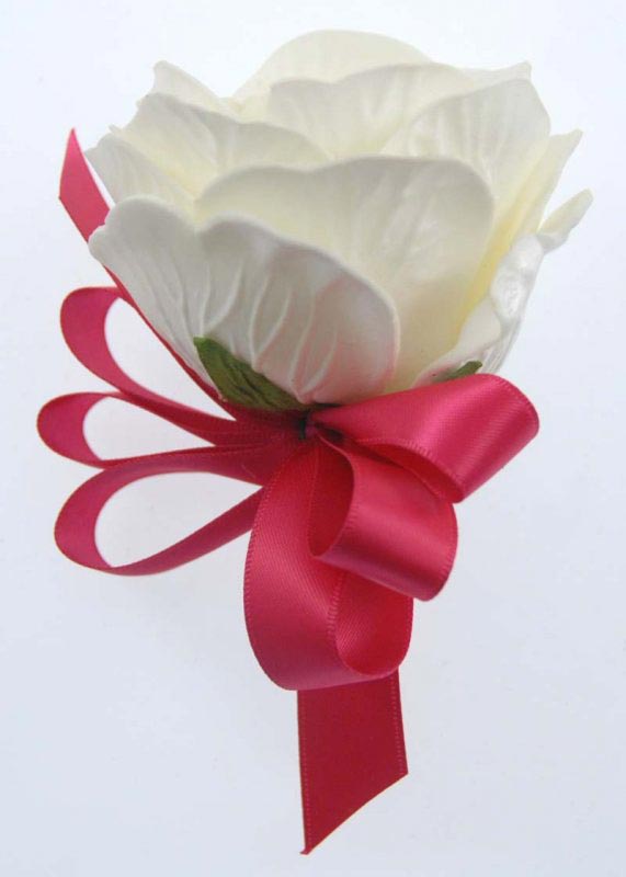 Ivory Foam Rose & Cerise Pink Bow Wedding Guest Buttonhole
