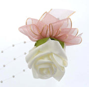 Ivory Foam Rose, Pearl & Dusky Bow Wedding Guest Buttonhole