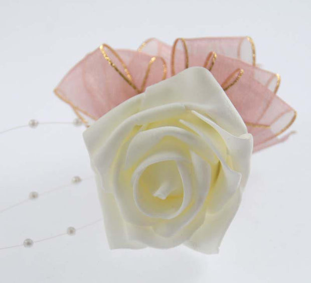 Ivory Foam Rose, Pearl & Dusky Bow Wedding Guest Buttonhole