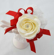 Ivory Rose & Lace Red Ribbon Bow Flower Girl Wedding Wand