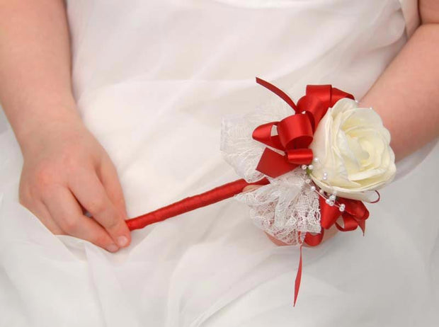 Ivory Rose & Lace Red Ribbon Bow Flower Girl Wedding Wand