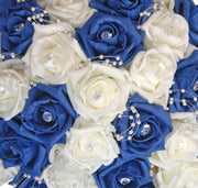 Brides Ivory & Navy Blue Diamante Rose Pearl Loop Wedding Bouquet
