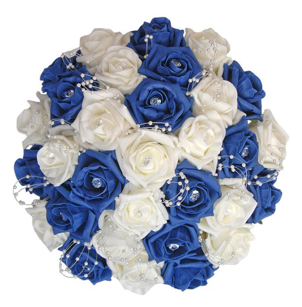 Brides Ivory & Navy Blue Diamante Rose Pearl Loop Wedding Bouquet