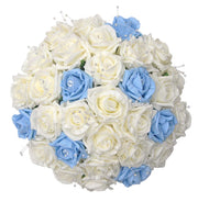 Ivory & Blue Diamante Rose & Pearl Bridal Wedding Bouquet