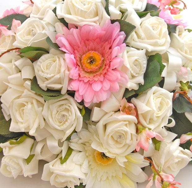 Pink Silk Gerbera, Ivory Diamante Rose & Cherry Blossom Top Table Wedding Arrangement