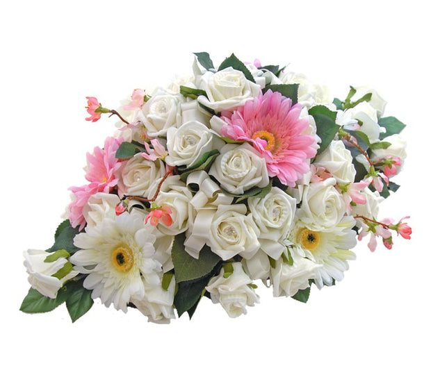 Pink Silk Gerbera, Ivory Diamante Rose & Cherry Blossom Top Table Wedding Arrangement