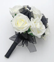 Ivory Rose & Black Organza Ribbon Flower Girl Wedding Posy