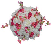 Brides Ivory Rose & Pink Silk Cherry Blossom Wedding Bouquet