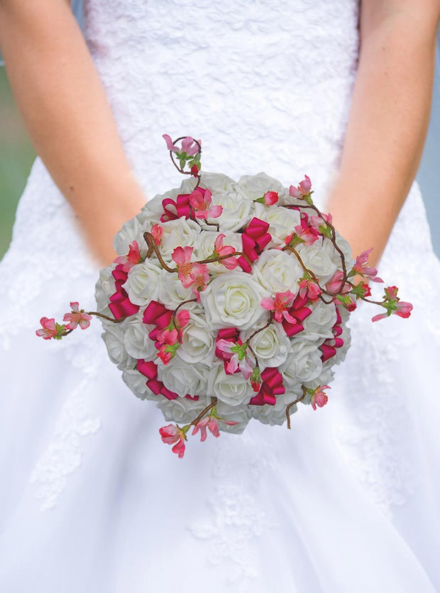Brides Ivory Rose & Pink Silk Cherry Blossom Wedding Bouquet