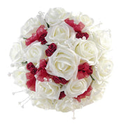 Bridesmaids Ivory Rose, Crystal & Burgundy Satin Rose Wedding Bouquet