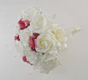 Bridesmaids Ivory Rose, Crystal & Burgundy Satin Rose Wedding Bouquet