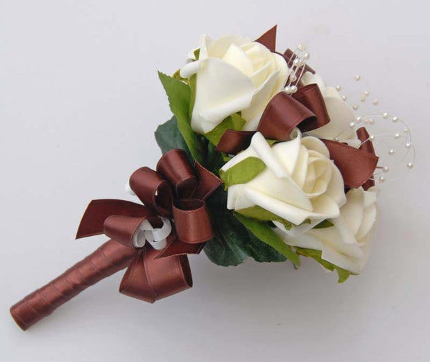 Ivory Rose, Chocolate Bow & Pearl Loop Flower Girls Wedding Posy