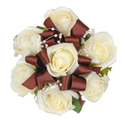 Ivory Rose, Chocolate Bow & Pearl Loop Flower Girls Wedding Posy