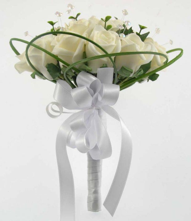 Bridesmaids Ivory Rose, Crystal & Grass Loop Posy Bouquet