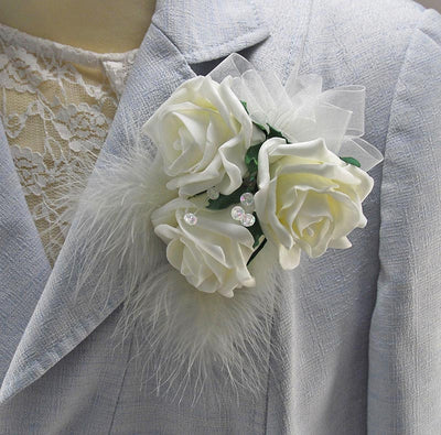 Triple Ivory Rose, Crystal & Feather Wedding Day Pin Corsage