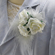 Triple Ivory Rose, Crystal & Feather Wedding Day Pin Corsage