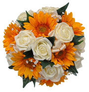 Bridesmaids Golden Silk Sunflower & Ivory Rose Crystal Bouquet