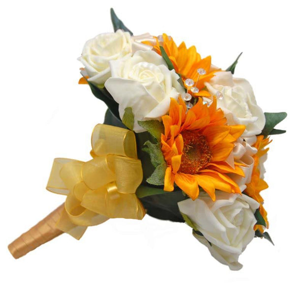 Bridesmaids Golden Silk Sunflower & Ivory Rose Crystal Bouquet