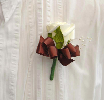 Ivory Foam Rose, Pearl Loop & Brown Bow Wedding Buttonhole