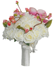 Silk Cherry Blossom & Ivory Rose Charm Bridal Wedding Bouquet