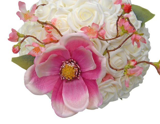 Silk Cherry Blossom & Ivory Rose Charm Bridal Wedding Bouquet