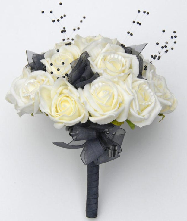 Bridesmaids Ivory Rose, Black Bow & Pearl Wedding Posy