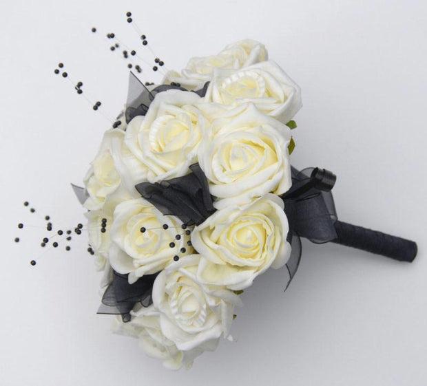 Bridesmaids Ivory Rose, Black Bow & Pearl Wedding Posy