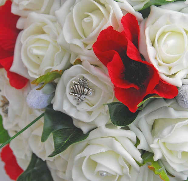 Brides Red Silk Poppy, Ivory Rose Pearl & Bee Charm Wedding Bouquet