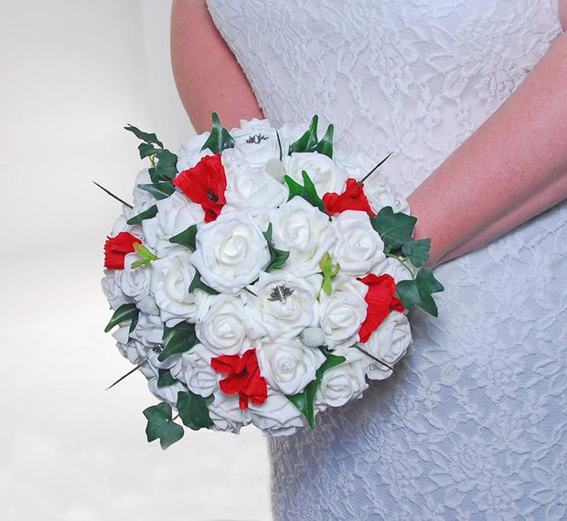 Brides Red Silk Poppy, Ivory Rose Pearl & Bee Charm Wedding Bouquet