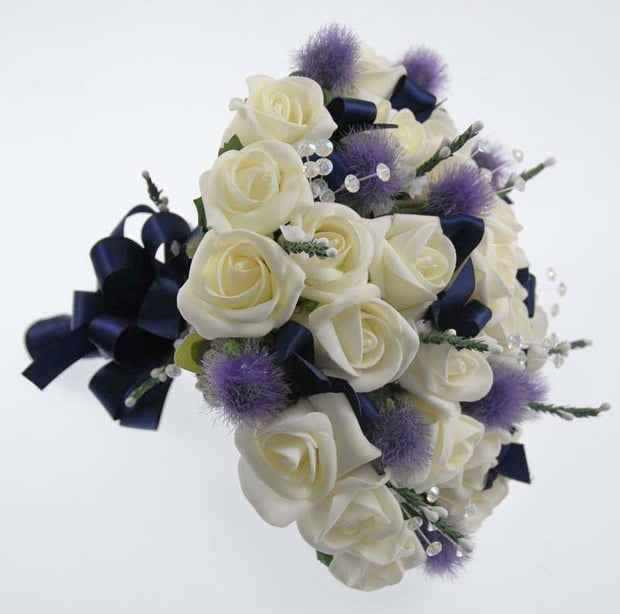 Brides Ivory Rose, Thistle, Heather & Navy Blue Bow Wedding Bouquet