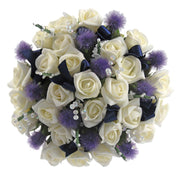 Brides Ivory Rose, Thistle, Heather & Navy Blue Bow Wedding Bouquet