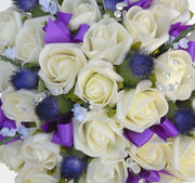 Brides Ivory Rose, Artificial Thistle & White Heather Wedding Bouquet