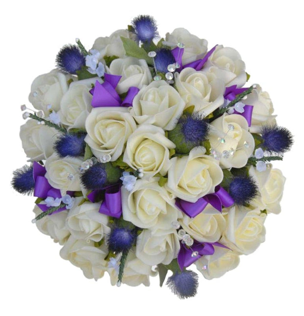 Brides Ivory Rose, Artificial Thistle & White Heather Wedding Bouquet
