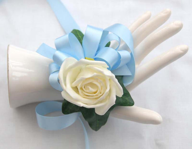 Ivory Foam Rose & Light Blue Satin Ribbon Wrist Corsage