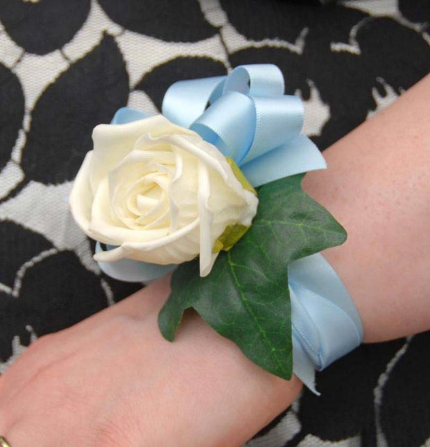 Ivory Foam Rose & Light Blue Satin Ribbon Wrist Corsage