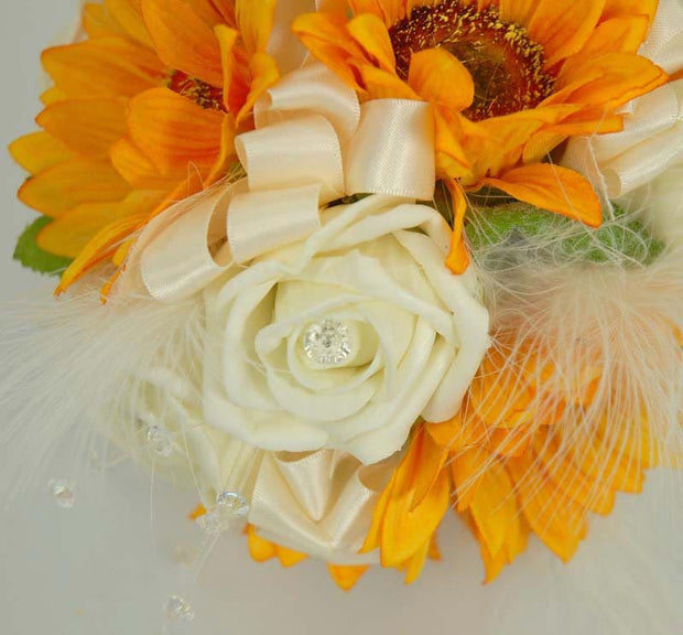 Golden Silk Sunflower, Ivory Diamante Rose & Feather Pomander