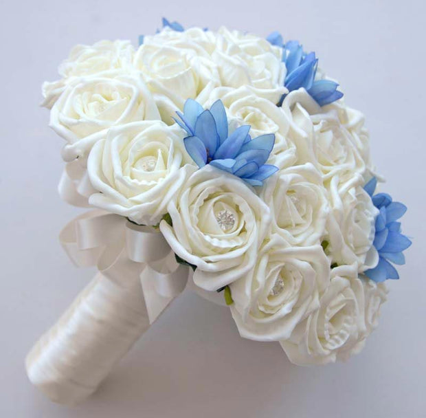 Brides Ivory Foam Rose & Blue Silk Agapanthus Wedding Bouquet