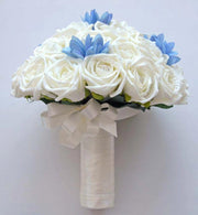 Brides Ivory Foam Rose & Blue Silk Agapanthus Wedding Bouquet