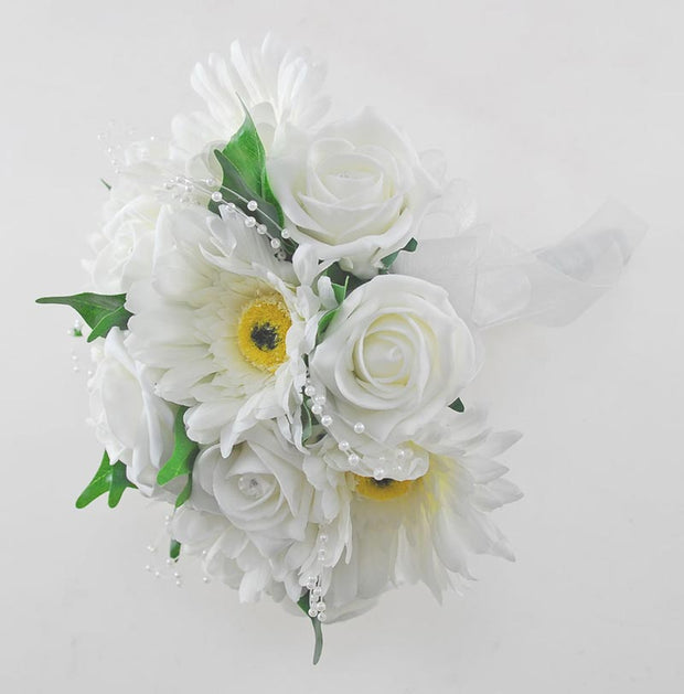 Ivory Rose, Pearl & Silk Gerbera Bridesmaids Wedding Bouquet