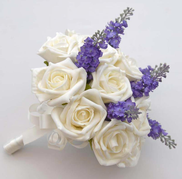 Bridesmaids Ivory Foam Rose & Silk Lavender Bridesmaids Bouquet