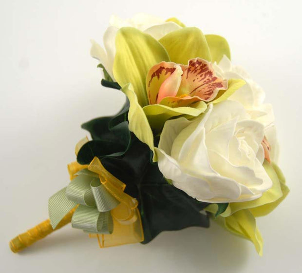 Green Silk Orchid & Ivory Foam Rose Flower Girls Wedding Posy
