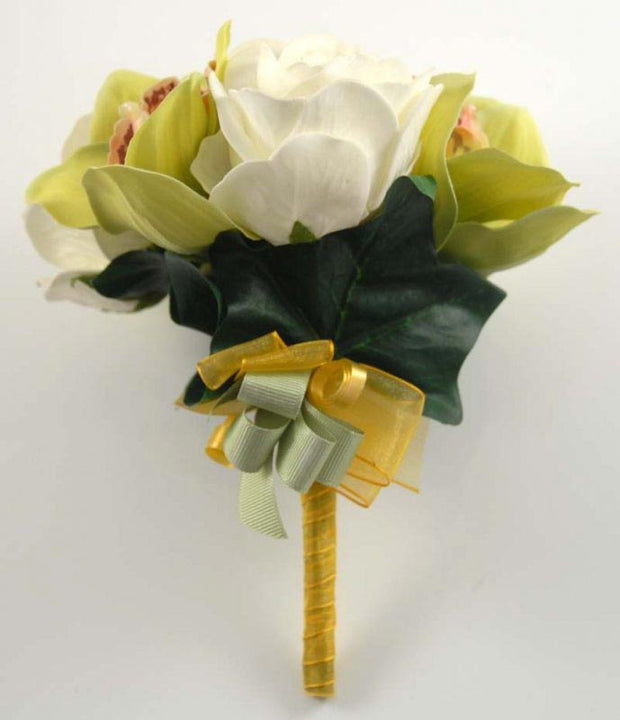 Green Silk Orchid & Ivory Foam Rose Flower Girls Wedding Posy