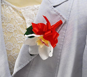 Ivory Silk Orchid & Red Ribbon Bow Pin Wedding Corsage